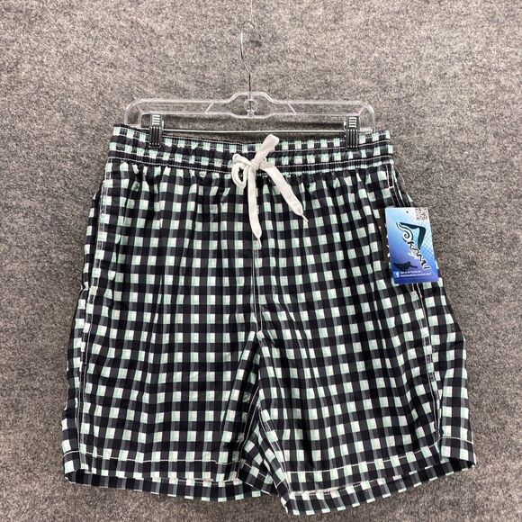 New Skanu Swim Shorts Men L Large Black Plaid Mid Rise Drawstring Pockets Swim - Picture 1 of 12